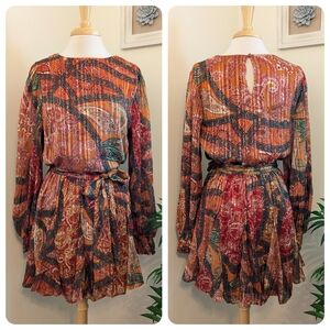 Petal & Pup Gabriel Paisley Print Long Sleeve Pleated Mini Dress Multicolor M
